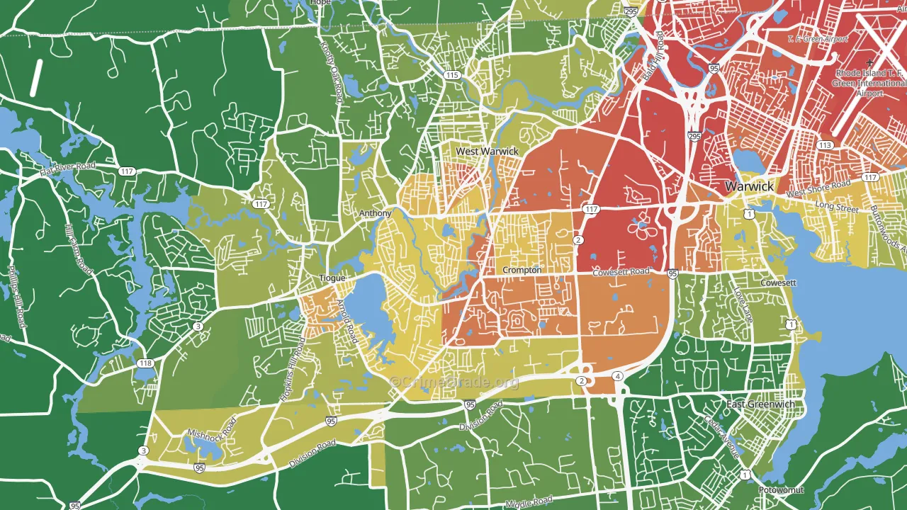 Centerville, West Warwick, RI Map of Vehicle Theft Rates