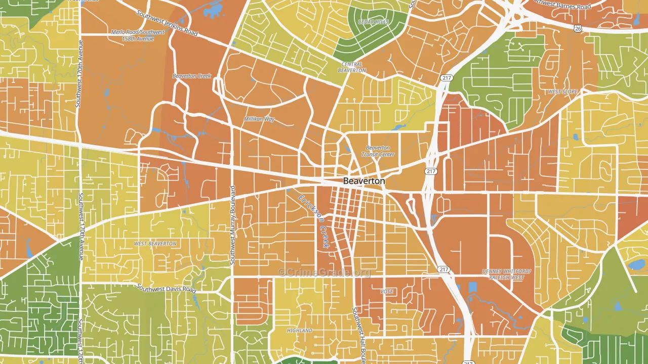 Central Beaverton, Beaverton, OR Map of Vehicle Theft Rates