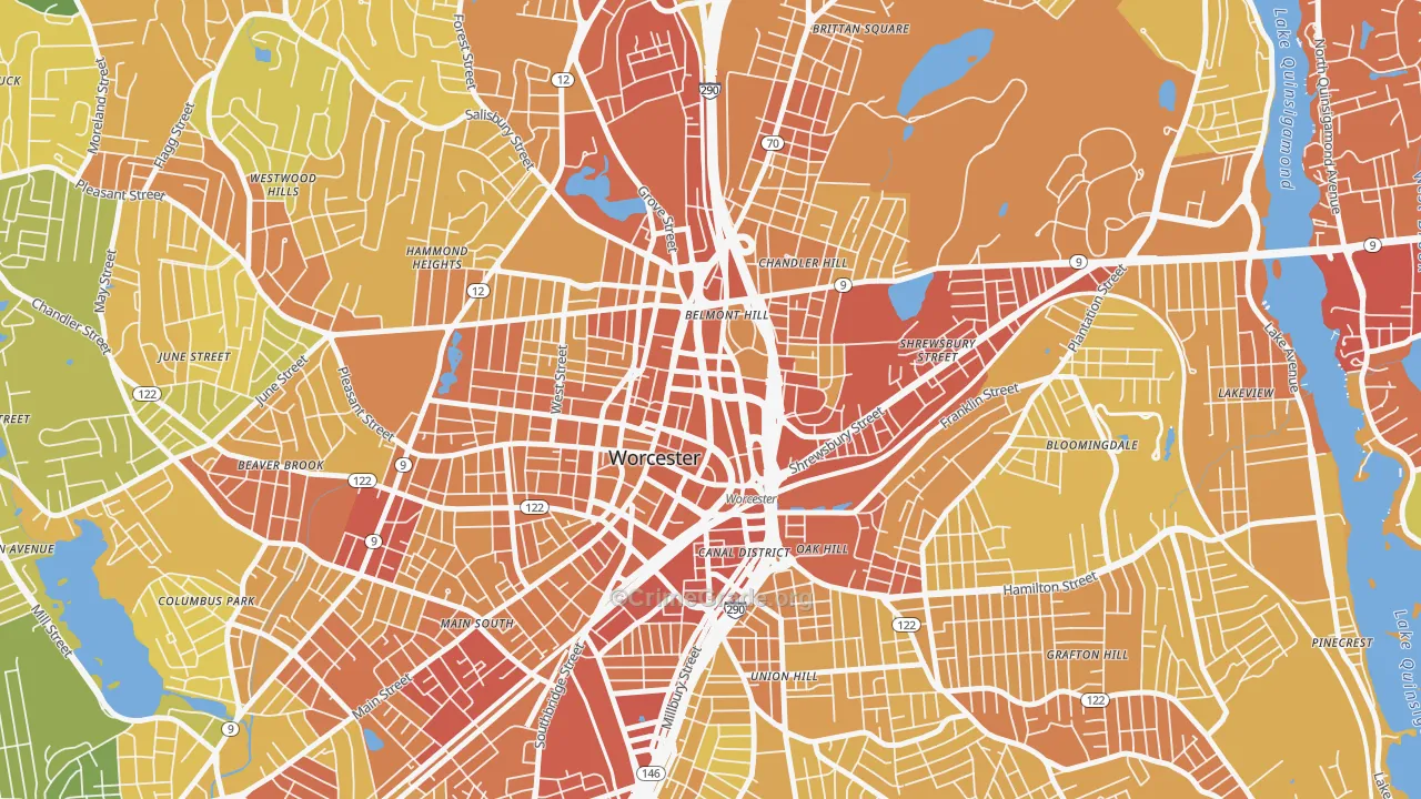 Central Business District, Worcester, MA Map of Vehicle Theft Rates
