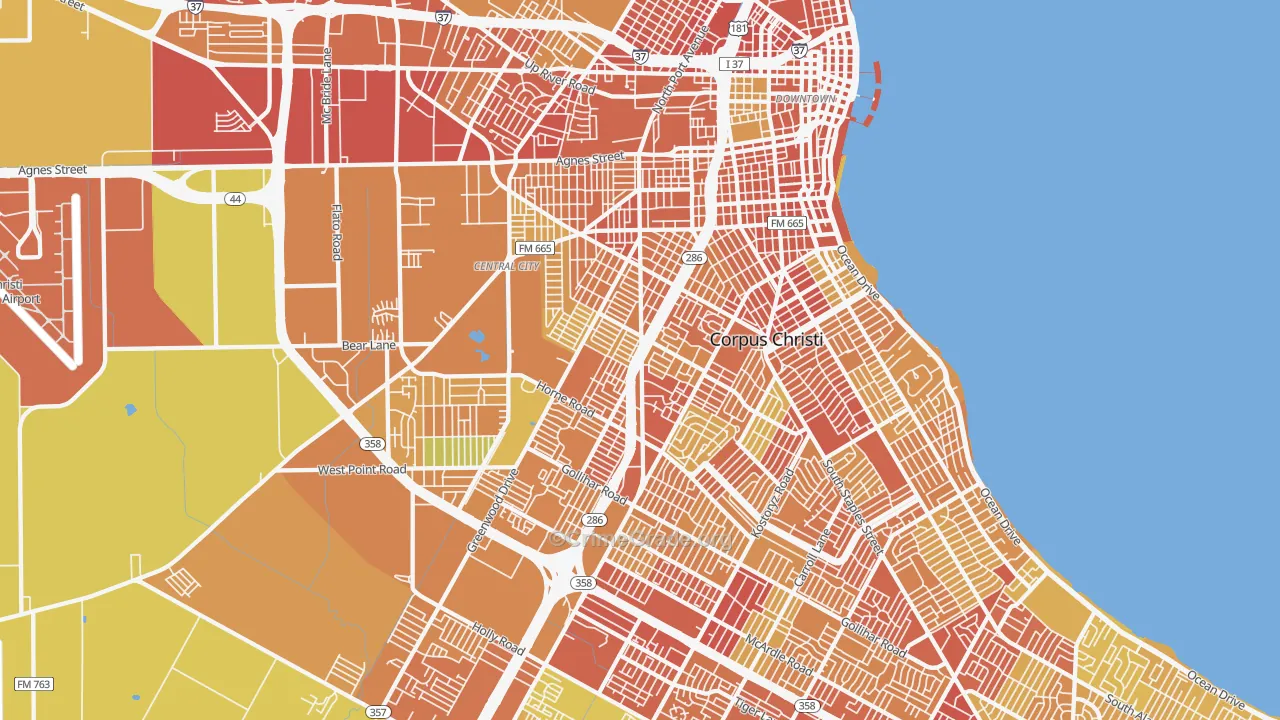 Central City, Corpus Christi, TX Map of Vehicle Theft Rates
