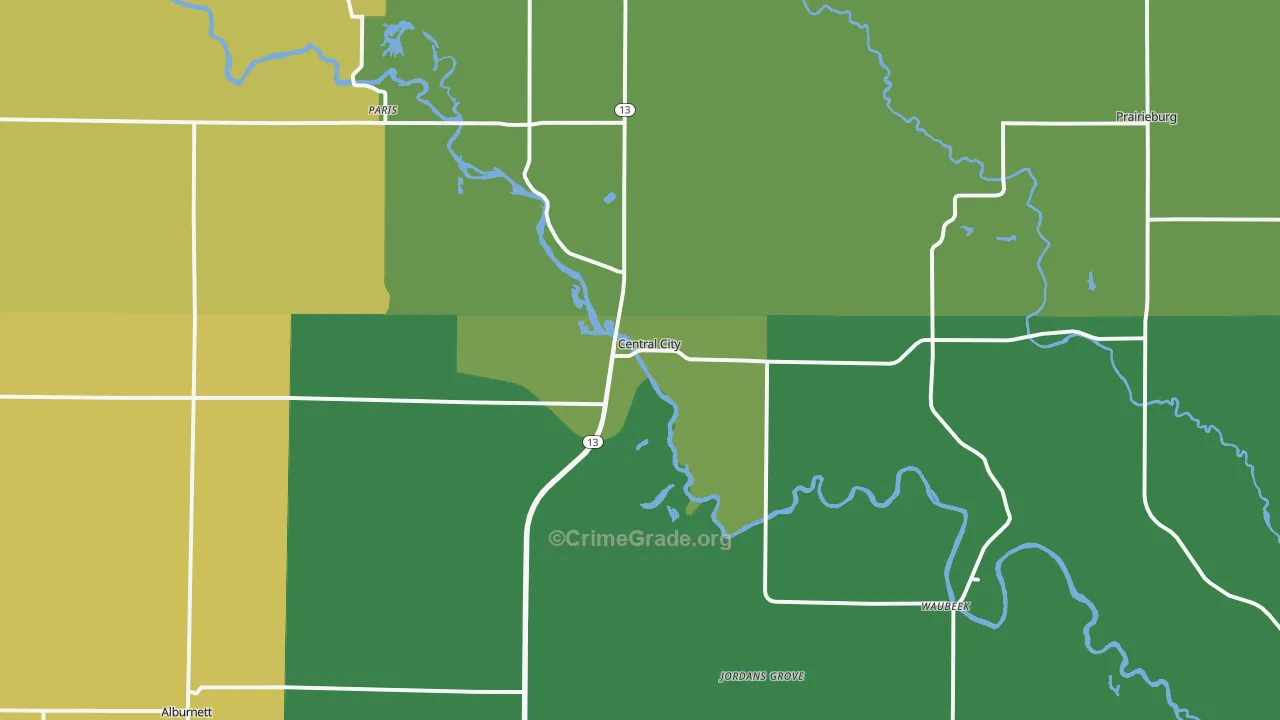 Central City, IA Map of Vehicle Theft Rates