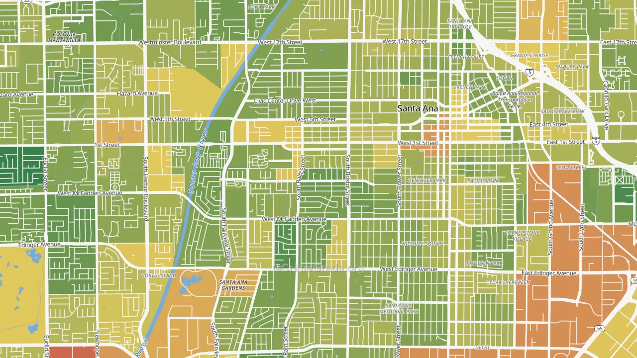 Central City Santa Ana, Santa Ana, CA Map of Vehicle Theft Rates