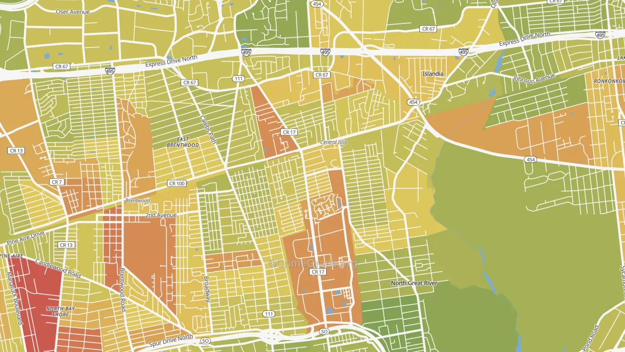 Central Islip, NY Map of Vehicle Theft Rates