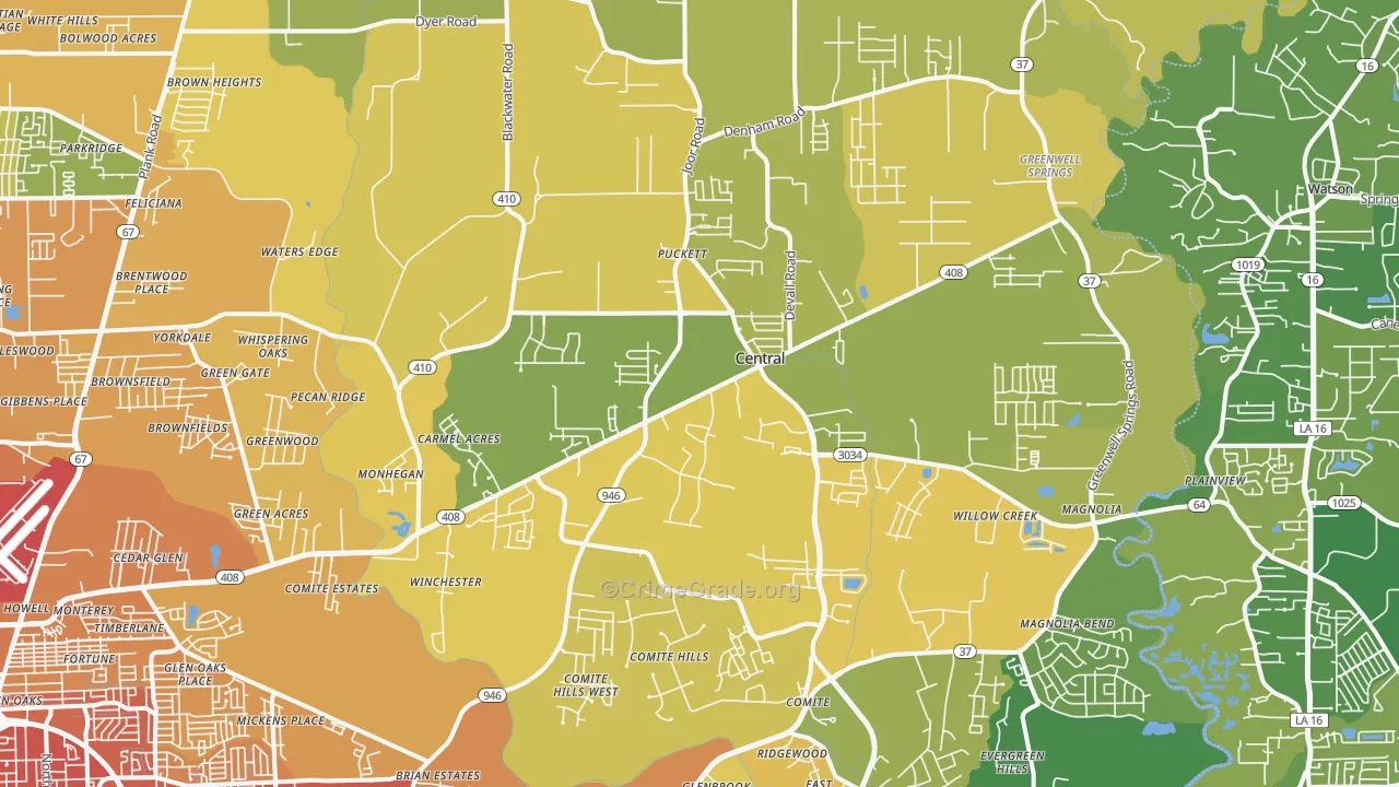 Central, LA Map of Vehicle Theft Rates