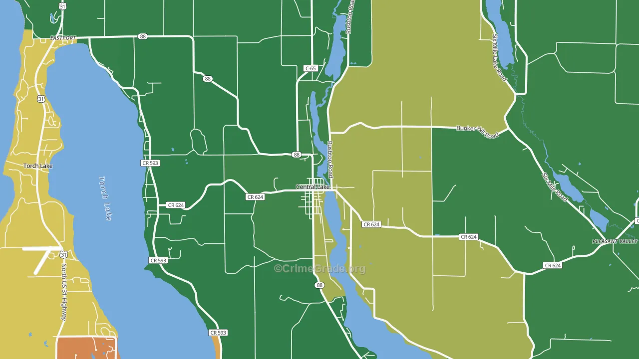 Central Lake, MI Map of Vehicle Theft Rates