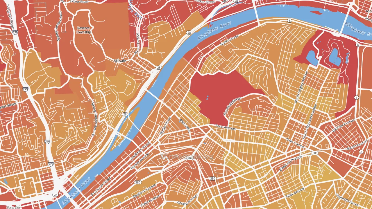 Central Lawrenceville, Pittsburgh, PA Map of Vehicle Theft Rates