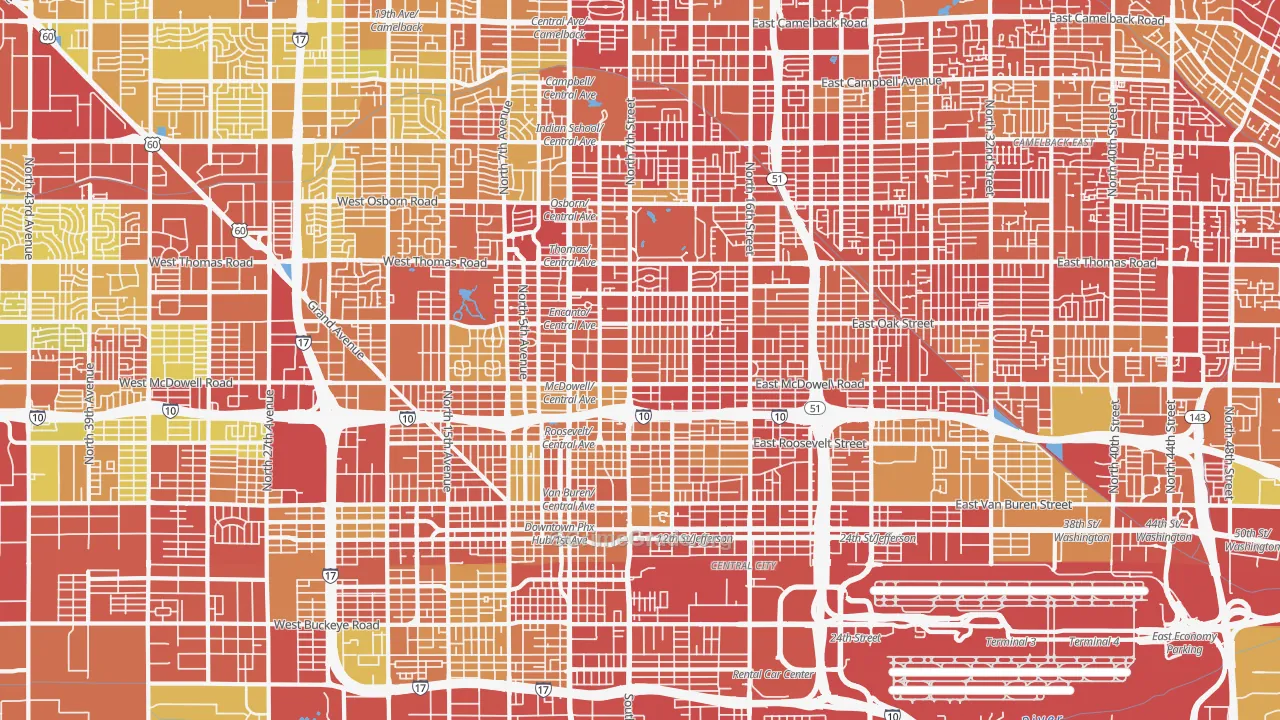 Central Phoenix, Phoenix, AZ Map of Vehicle Theft Rates