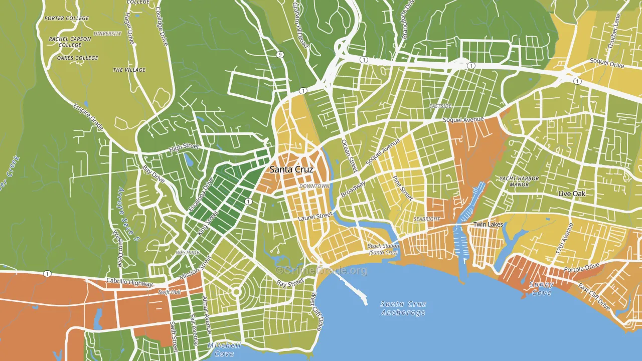 Central Santa Cruz, Santa Cruz, CA Map of Vehicle Theft Rates