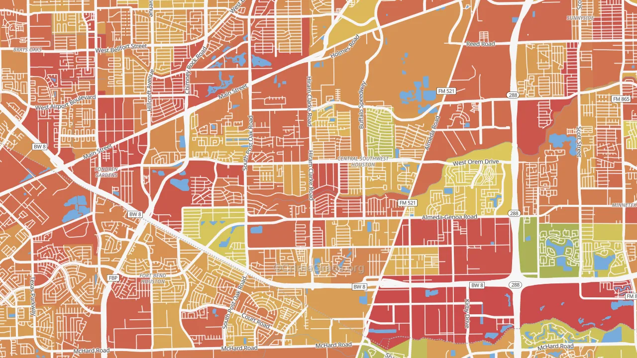 Central Southwest, Houston, TX Map of Vehicle Theft Rates