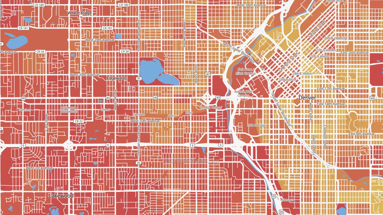 Central West Denver, Denver, CO Map of Vehicle Theft Rates