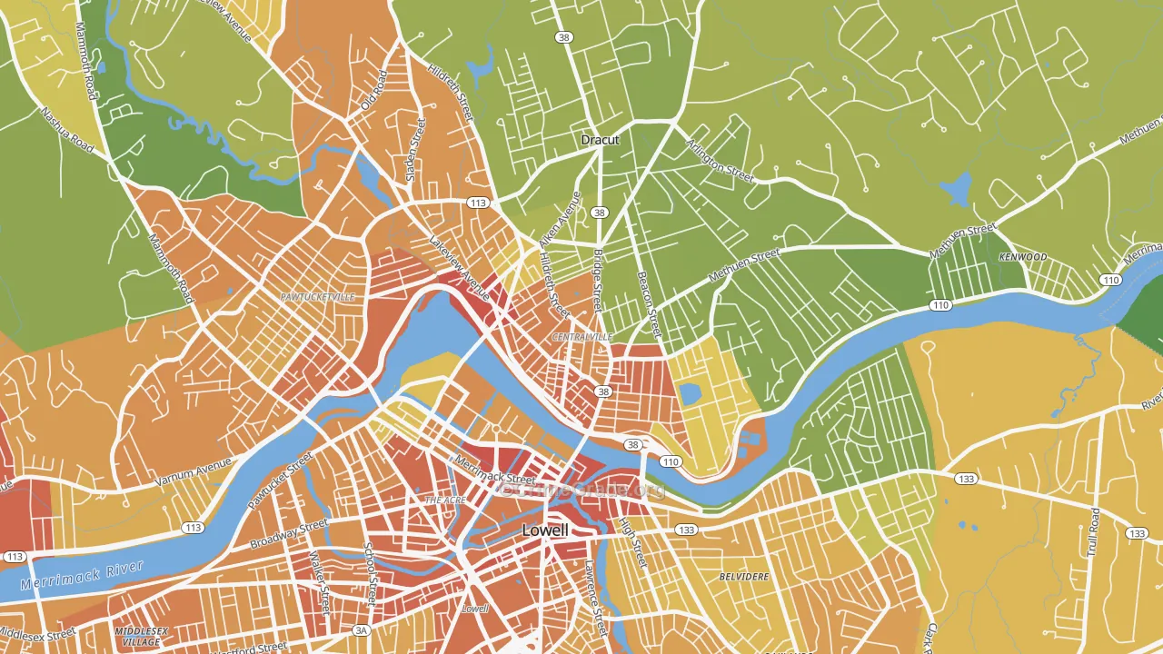 Centralville, Lowell, MA Map of Vehicle Theft Rates
