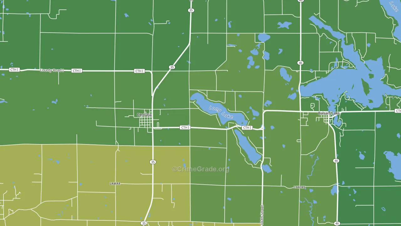 Centuria, WI Map of Vehicle Theft Rates
