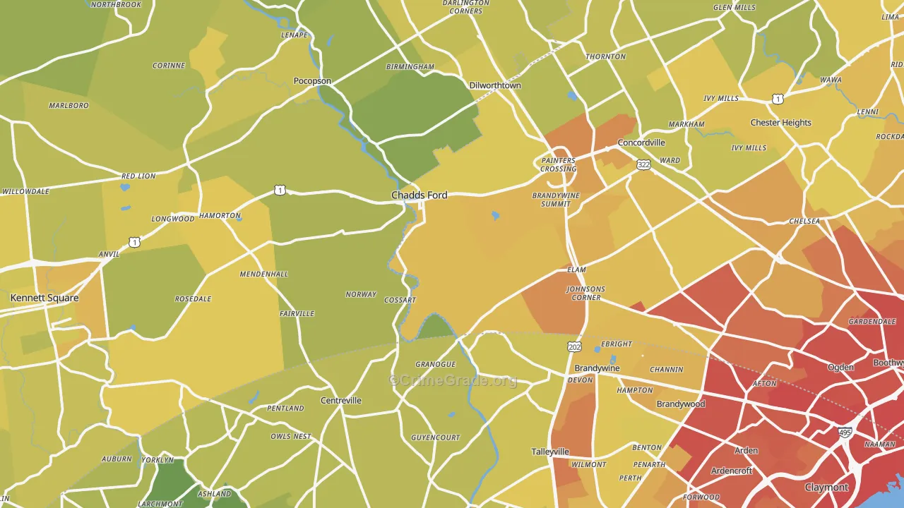 Chadds Ford, PA Map of Vehicle Theft Rates