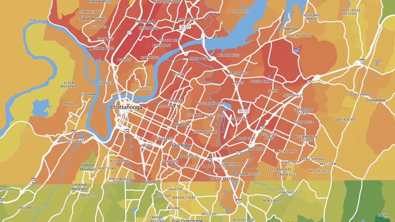Chattanooga, TN Map of Vehicle Theft Rates