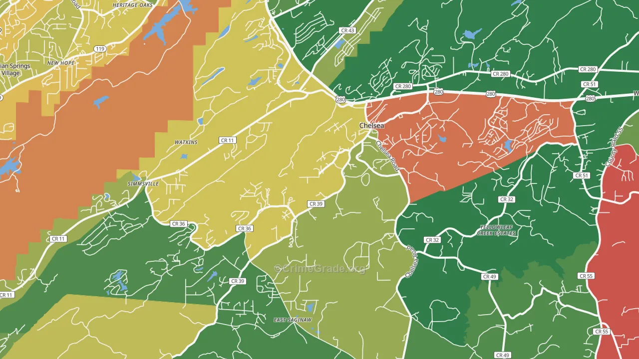 Chelsea, AL Map of Vehicle Theft Rates
