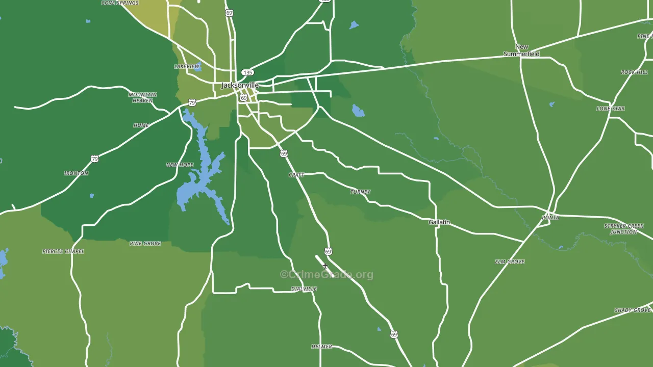 Cherokee County, TX Map of Vehicle Theft Rates