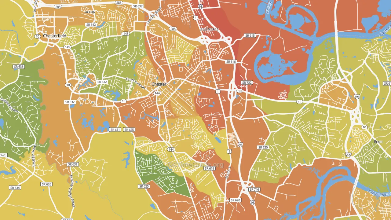 Chester, VA Map of Vehicle Theft Rates