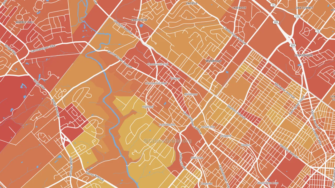 Chestnut Hill, Philadelphia, PA Map of Vehicle Theft Rates
