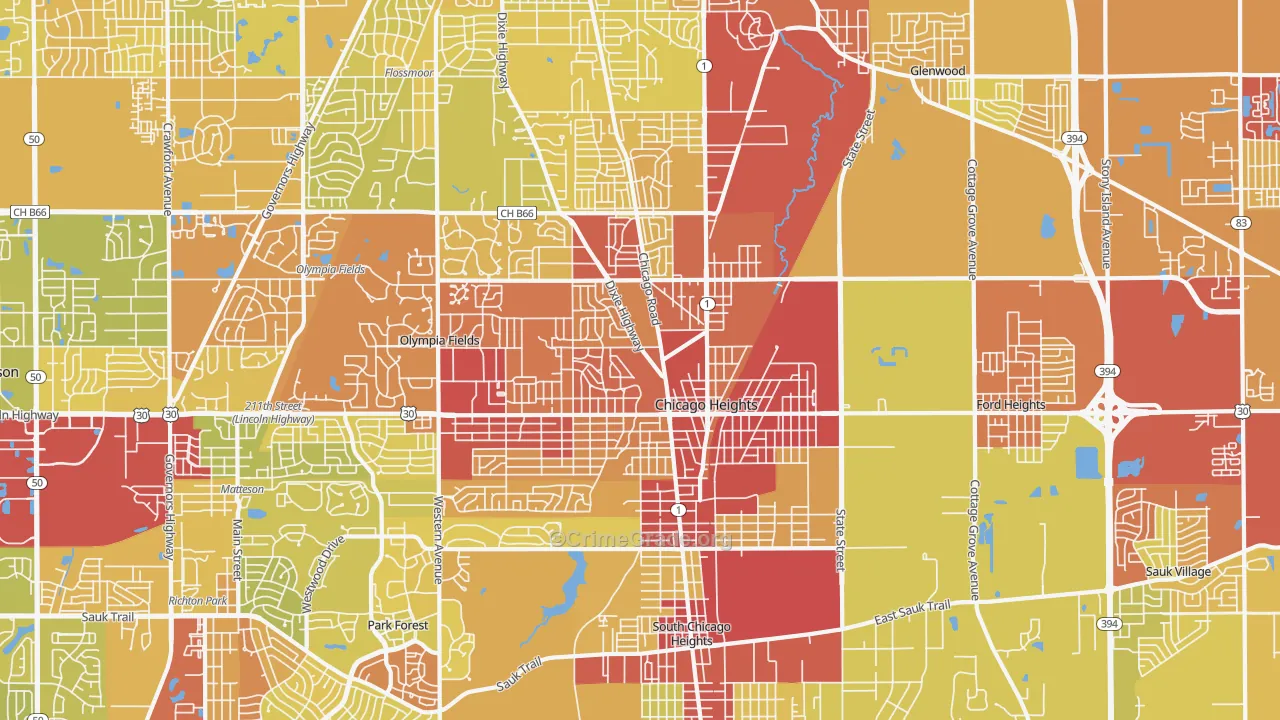 Chicago Heights, IL Map of Vehicle Theft Rates