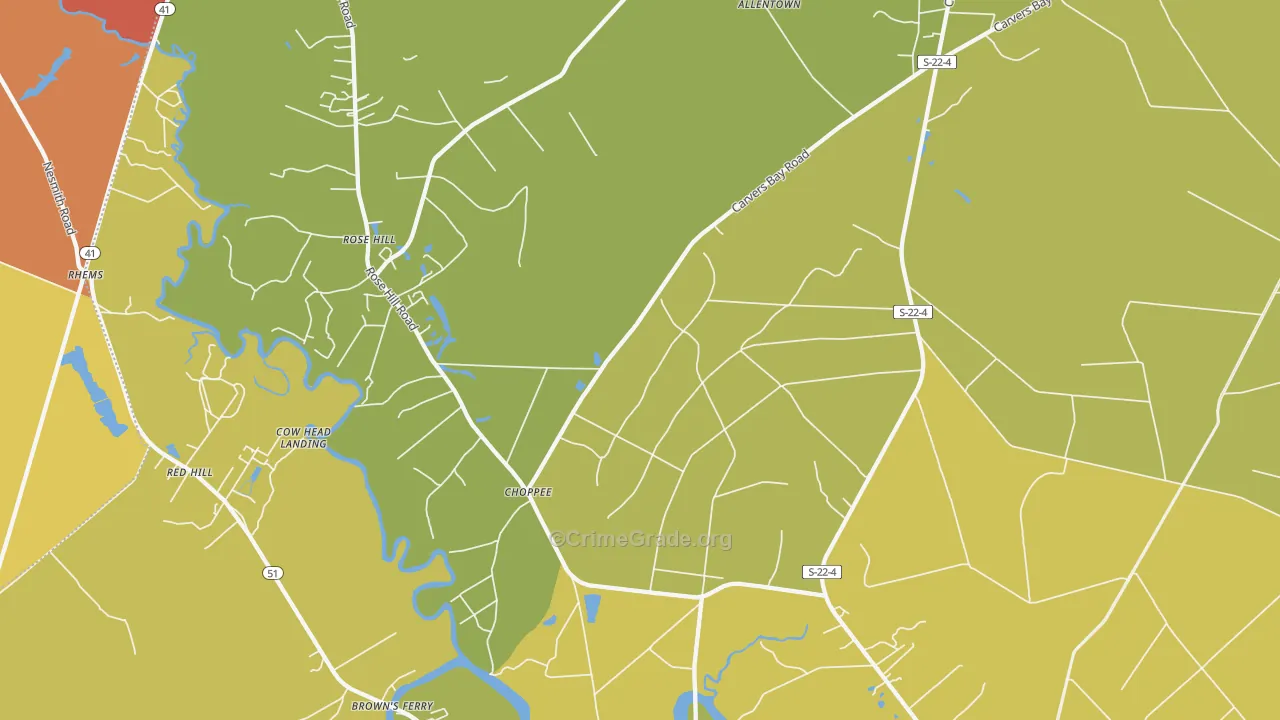 Choppee, SC Map of Vehicle Theft Rates