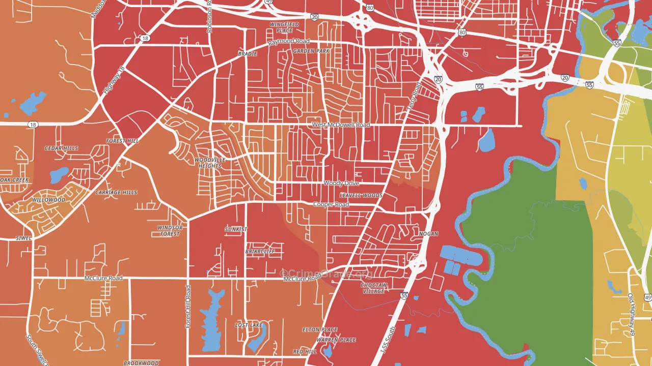 Citizens Southwest, Jackson, MS Map of Vehicle Theft Rates