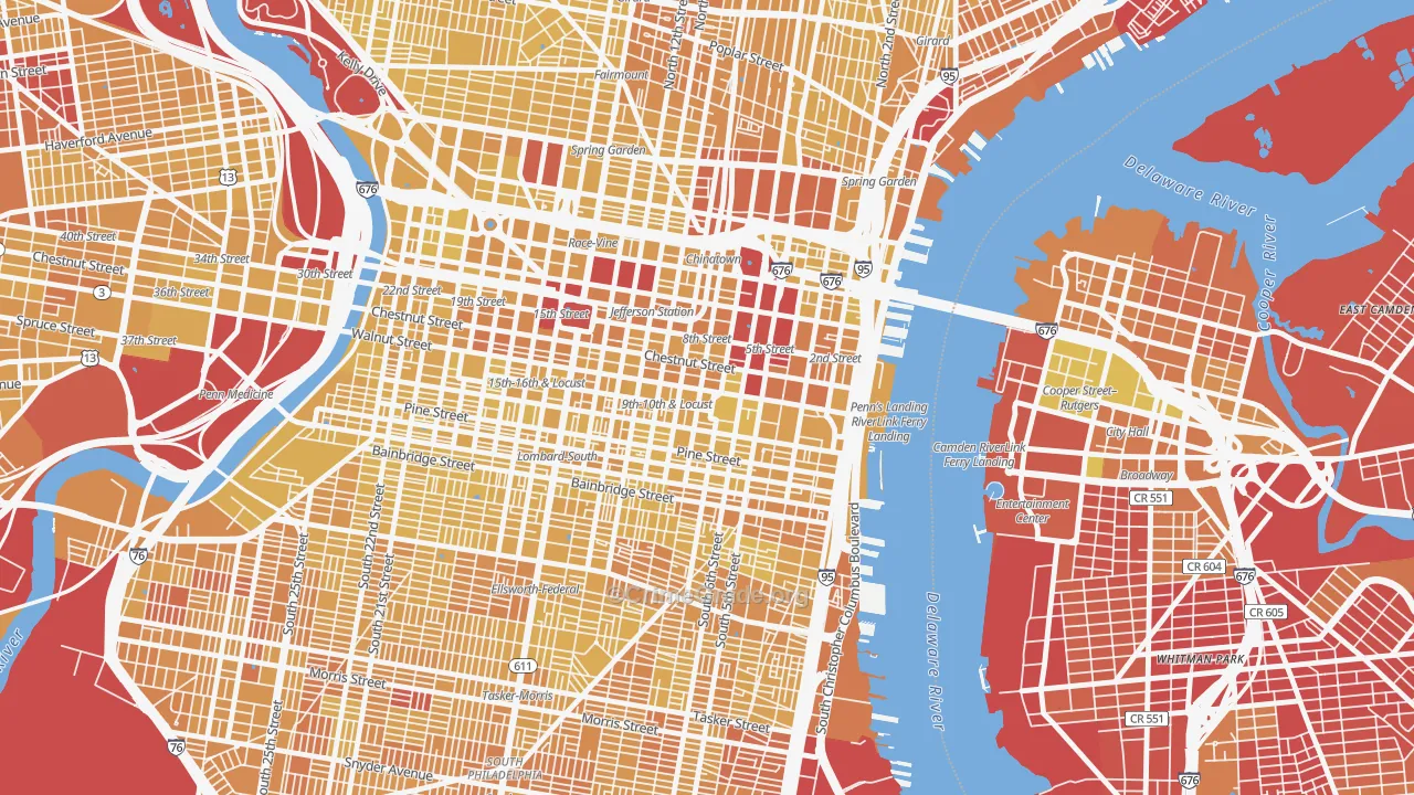 City Center East, Philadelphia, PA Map of Vehicle Theft Rates