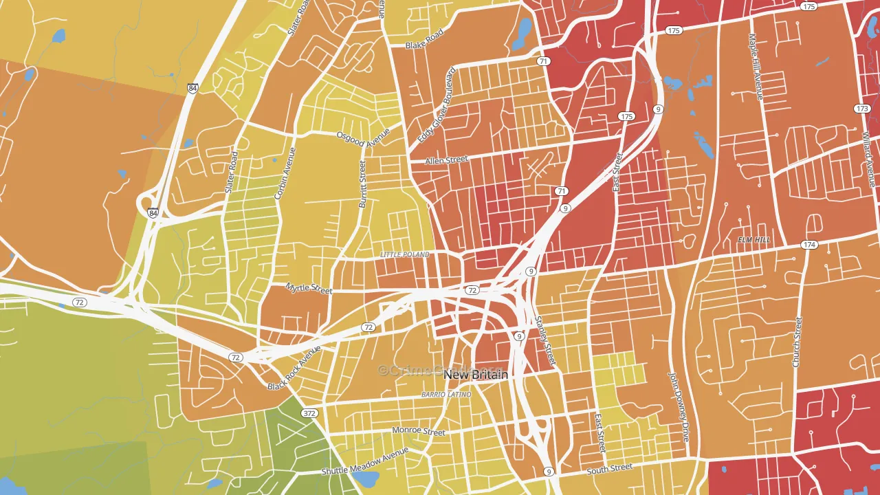City Hall Monument District, New Britain, CT Map of Vehicle Theft Rates