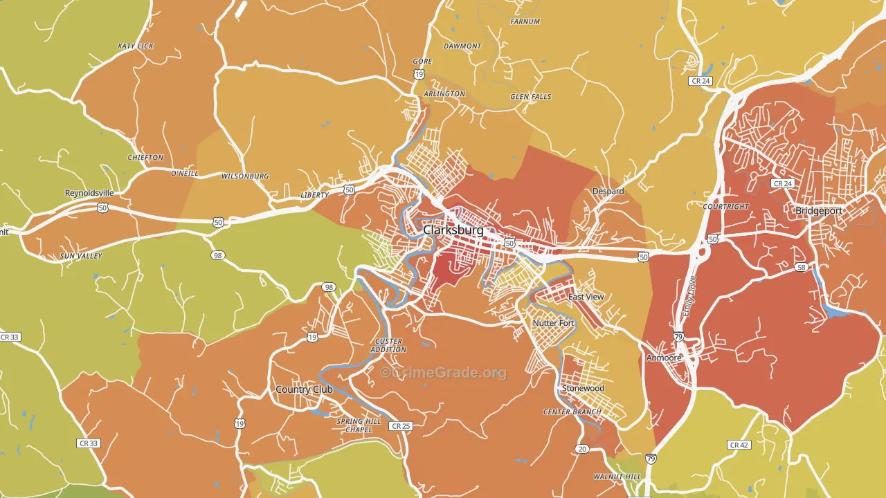 Clarksburg, WV Map of Vehicle Theft Rates