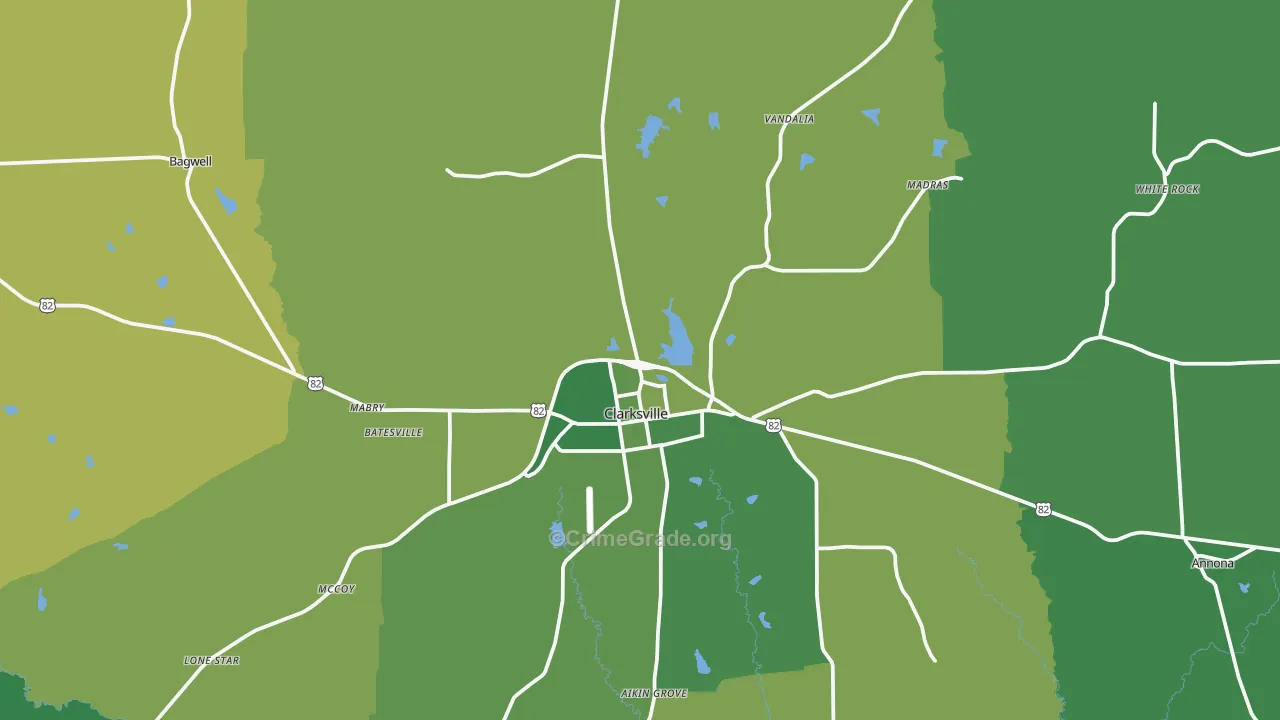 Clarksville, TX Map of Vehicle Theft Rates