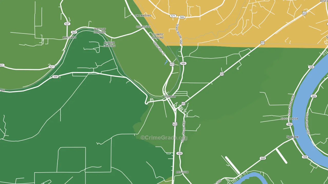 Clayton, LA Map of Vehicle Theft Rates