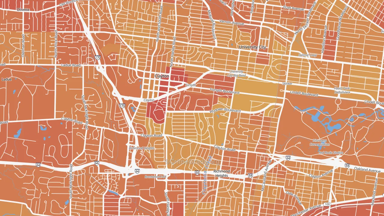 Clayton, MO Map of Vehicle Theft Rates