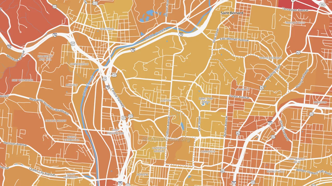 Clifton, Cincinnati, OH Map of Vehicle Theft Rates