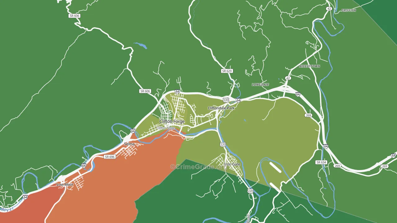 Clifton Forge, VA Map of Vehicle Theft Rates