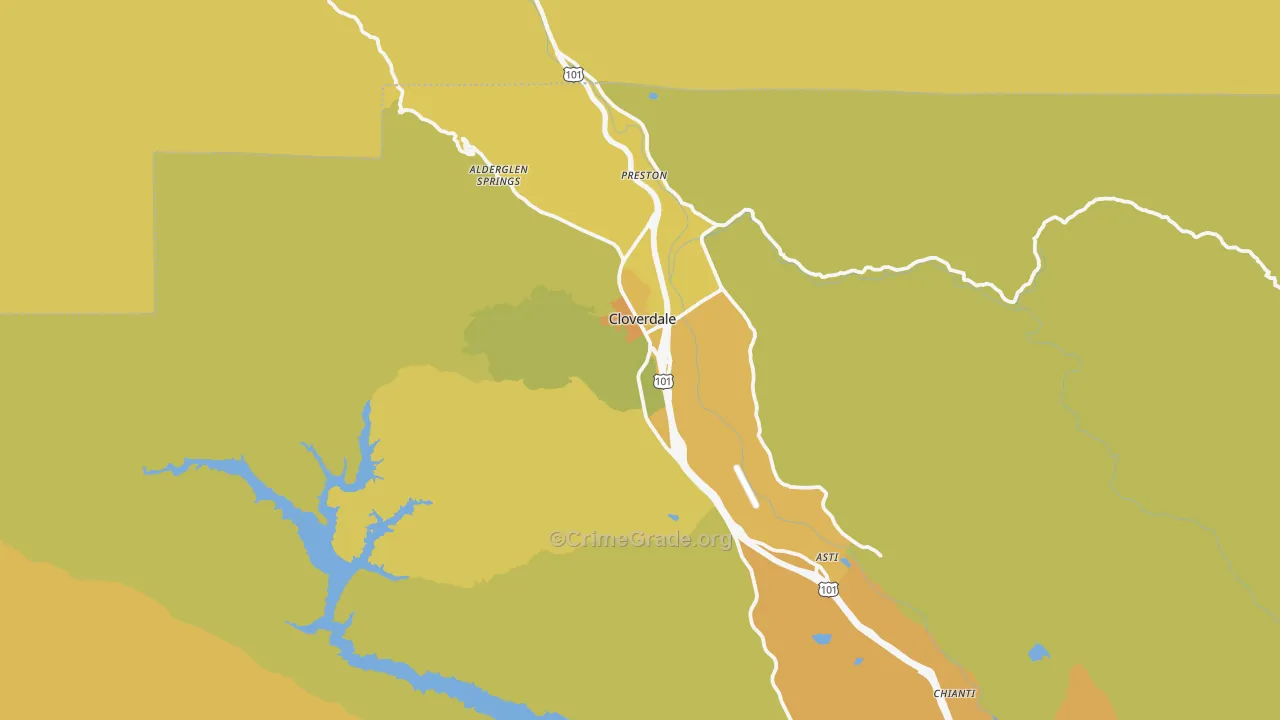 Cloverdale, CA Map of Vehicle Theft Rates