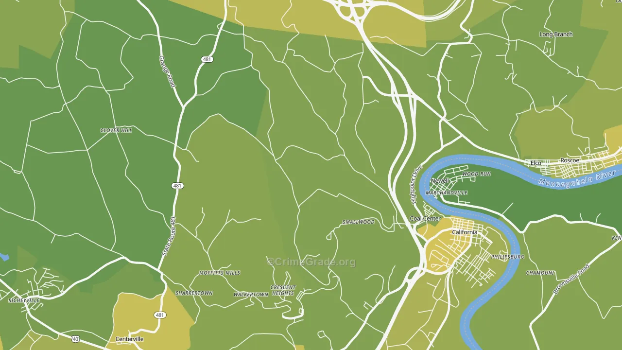 Coal Center, PA Map of Vehicle Theft Rates