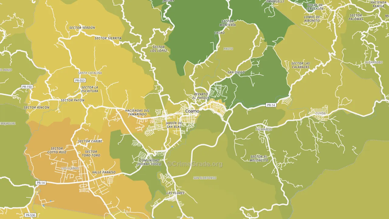 Coamo, PR Map of Vehicle Theft Rates