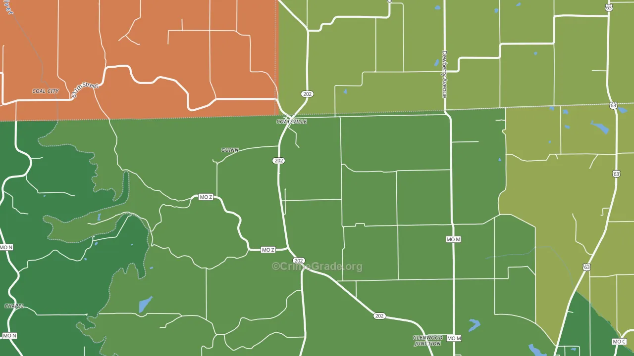 Coatsville, MO Map of Vehicle Theft Rates