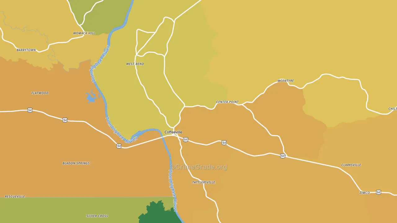 Coffeeville, AL Map of Vehicle Theft Rates