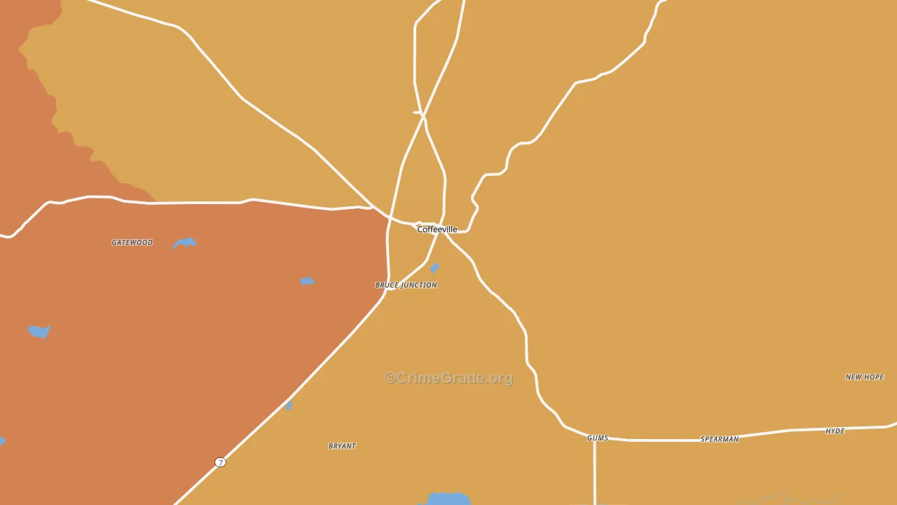 Coffeeville, MS Map of Vehicle Theft Rates