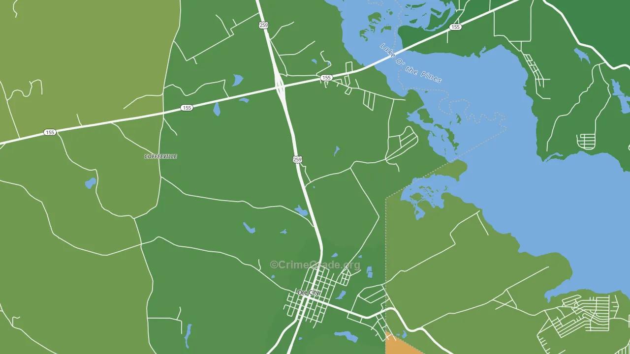 Coffeeville, TX Map of Vehicle Theft Rates