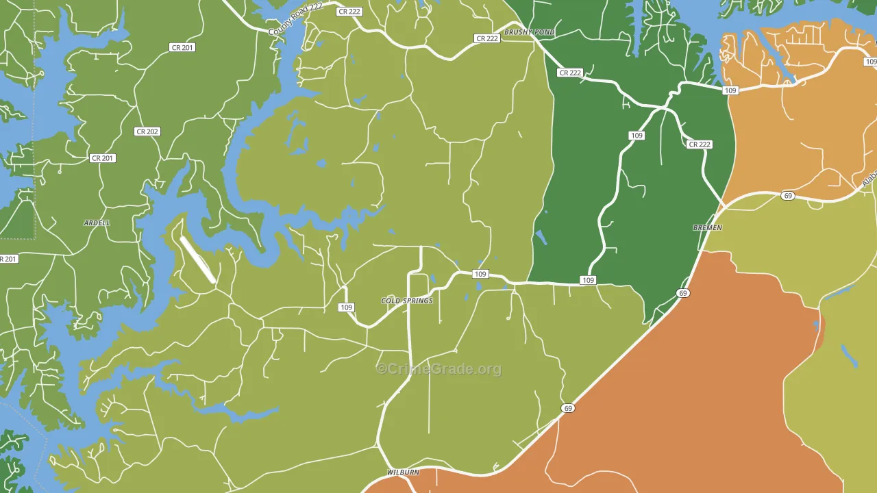 Cold Springs, AL Map of Vehicle Theft Rates