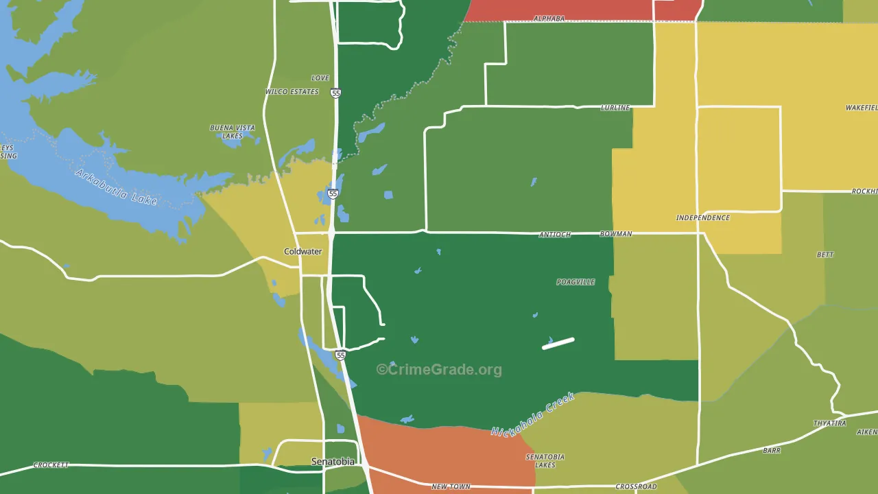 Coldwater, MS Map of Vehicle Theft Rates