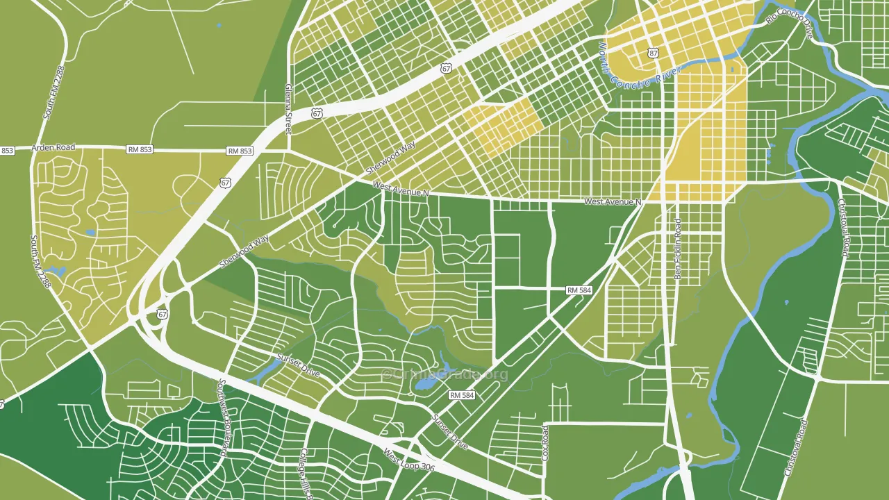 College Hills, San Angelo, TX Map of Vehicle Theft Rates