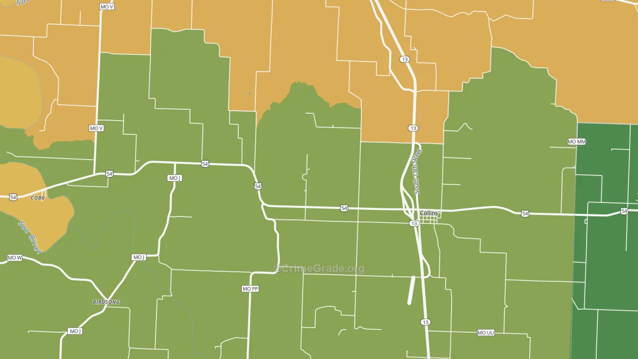 Collins, MO Map of Vehicle Theft Rates