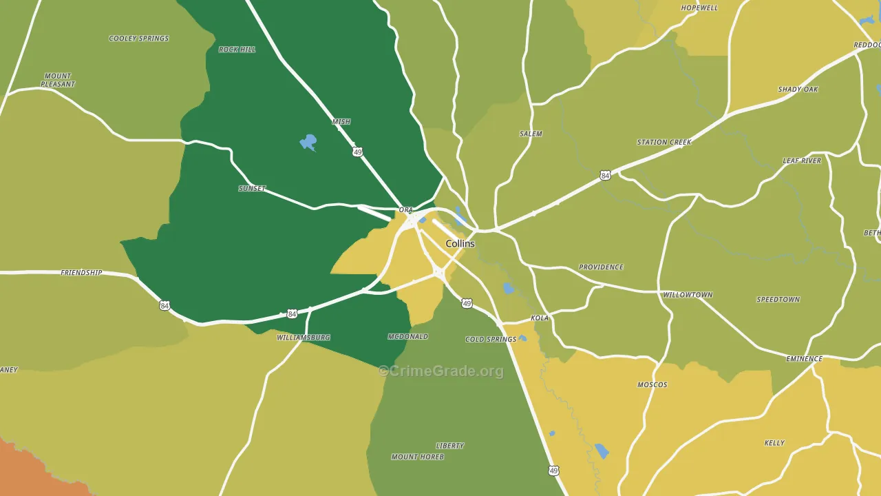 Collins, MS Map of Vehicle Theft Rates