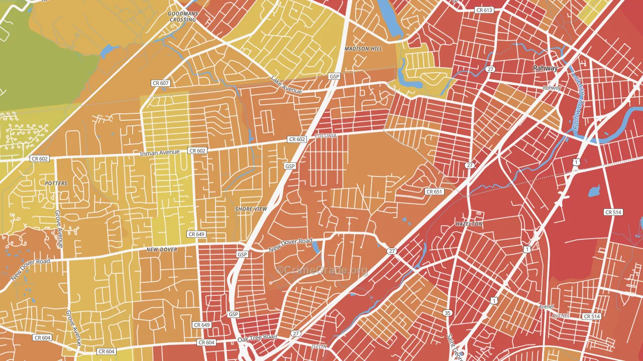 Colonia, NJ Map of Vehicle Theft Rates