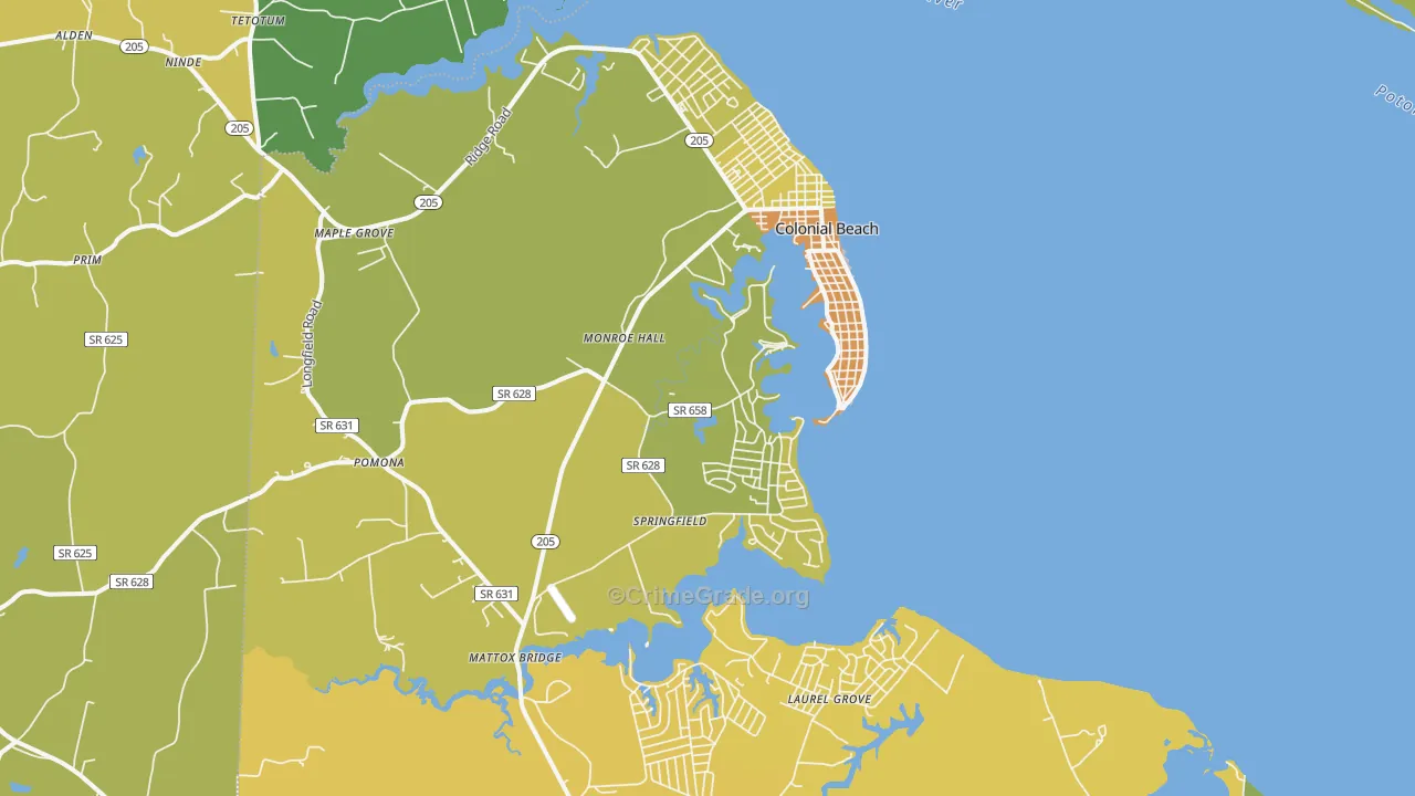 Colonial Beach, VA Map of Vehicle Theft Rates