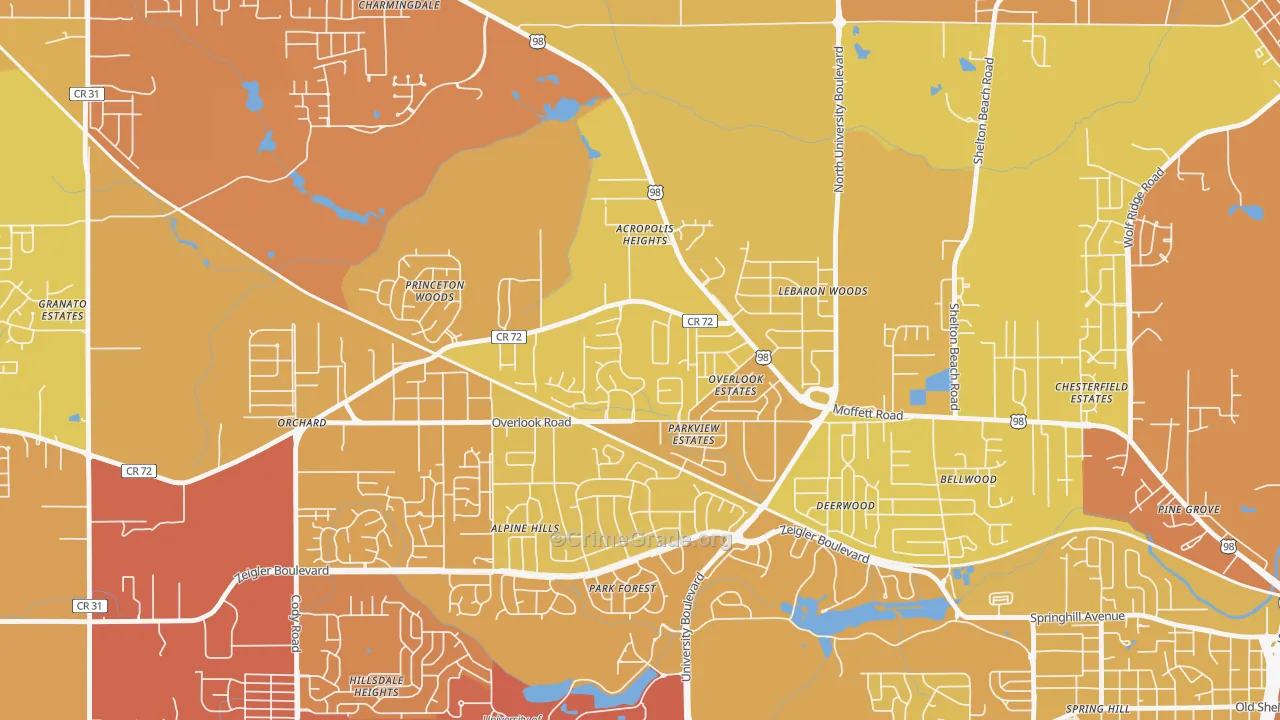 Colonial Heights, Mobile, AL Map of Vehicle Theft Rates