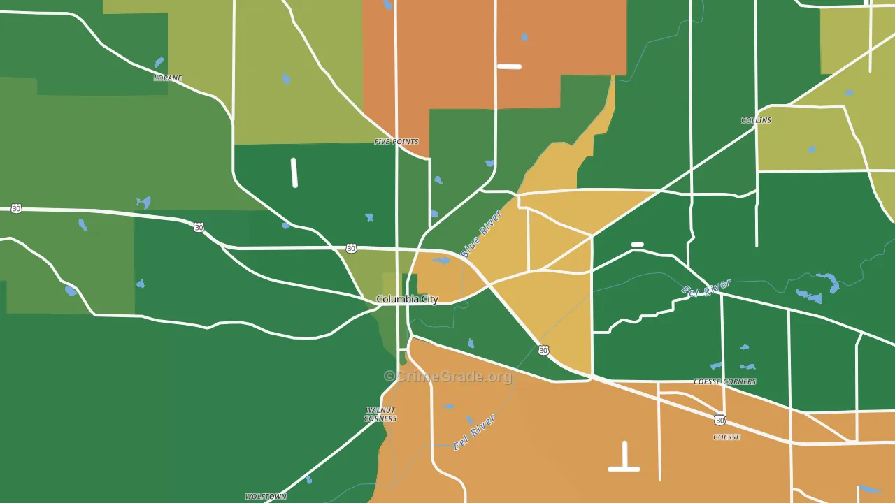 Columbia City, IN Map of Vehicle Theft Rates