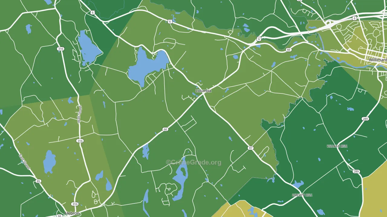 Columbia, CT Map of Vehicle Theft Rates